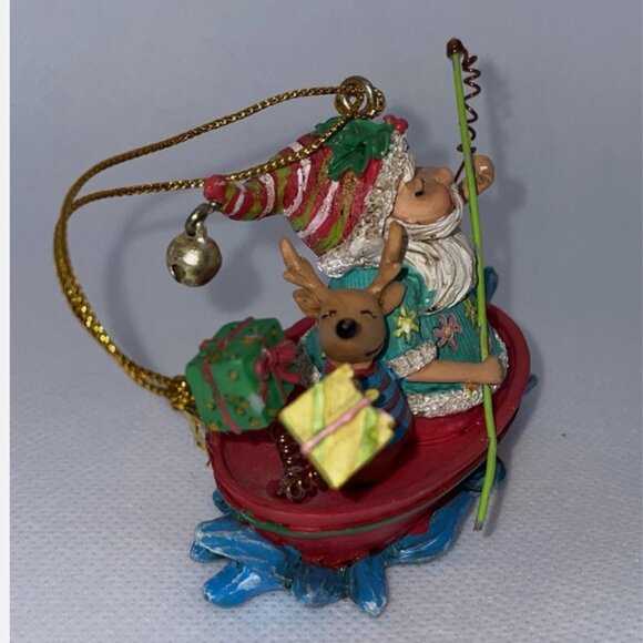 Vintage Beachy Fishing Santa Claus & Reindeer In a Boat Christmas Ornament - Picture 3 of 5